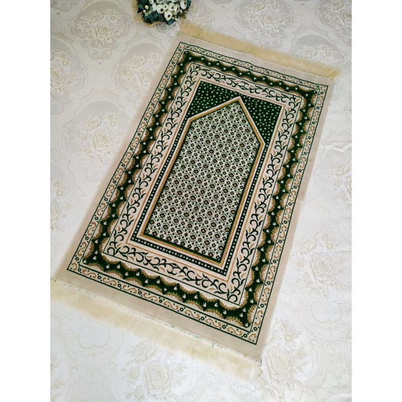 Cream Green Color Velvet Muslim Prayer Rug Kocgifts
