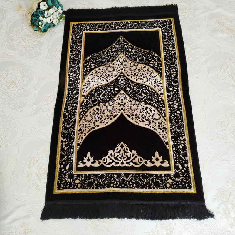 Black Color Velvet Muslim Turkish Prayer Mat Sajjadah Kocgifts