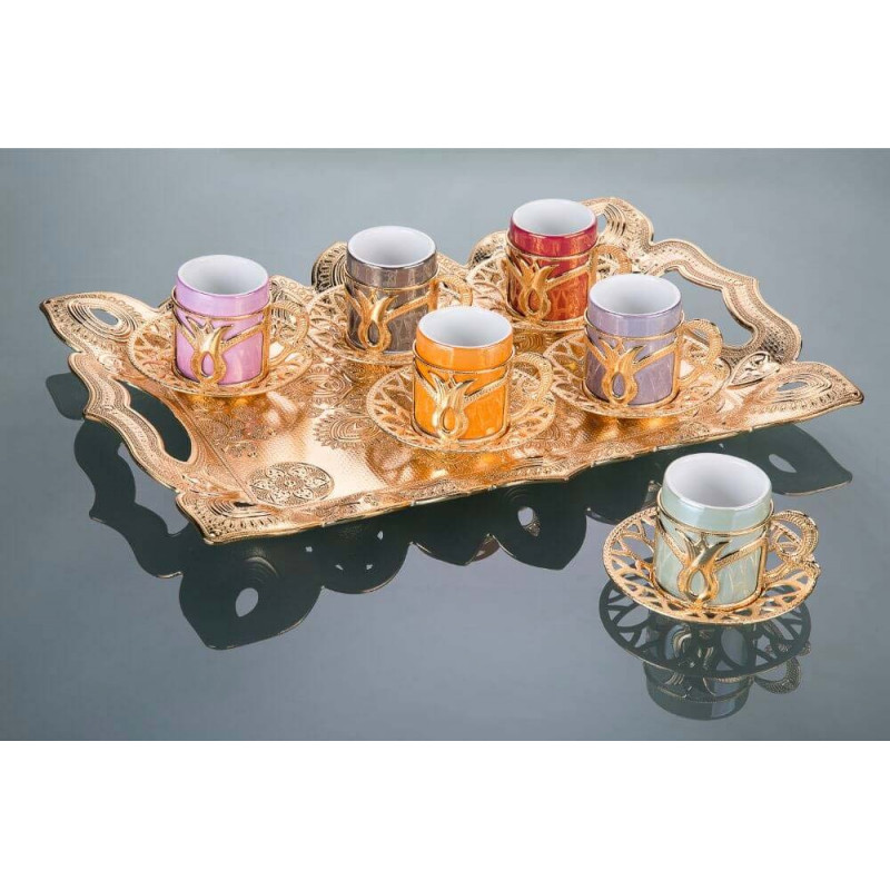 Gold Colour Coffee Cups with the Lids Gift Set for 2 Spoons Bowl and Tray