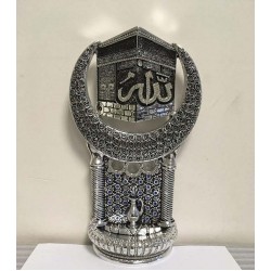 Silver Crystal Coated Name Of Allah And Kaaba Islamic Sculpture Gift