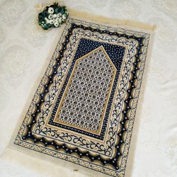 Cream - Blue Color Velvet Muslim Prayer Rug