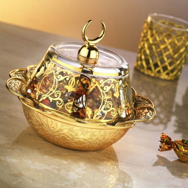 Gold  Colour Ottoman Style Snack Bowl With Glass Lid