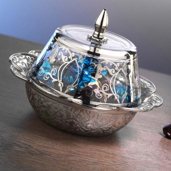 Silver Plated Turkish Snack Bowl With Glass Lid