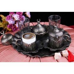 Antique Gray Turkish  Coffee Cup Set  With Tray