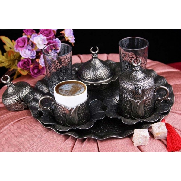 Antique Gray Turkish  Coffee Cup Set  With Tray