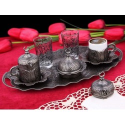 Antique Gray  Turkish  Coffee Cup Set  With Tray