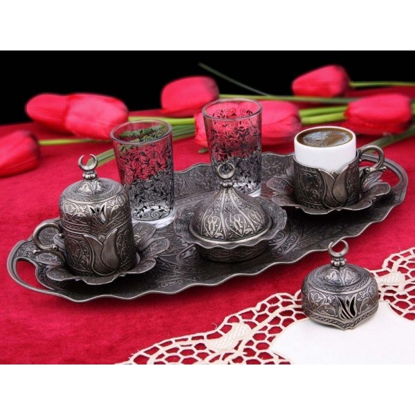 Antique Gray  Turkish  Coffee Cup Set  With Tray