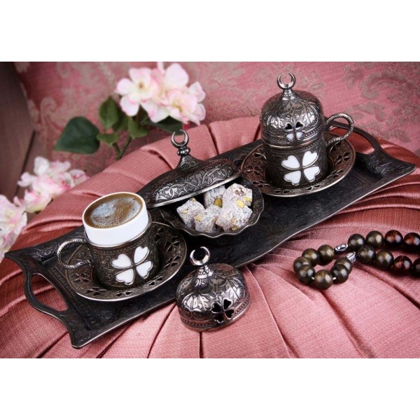 Antique Turkish Coffee Cup Set For Two Person Clover Design