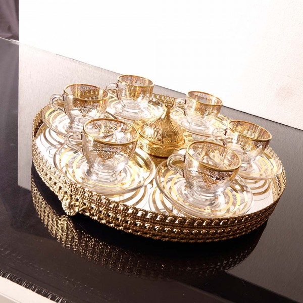 Arabic Gold Colour  Coffee Set For Six Person With Mirror  Vanity Tray