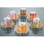 Colorful Tulip Design Gold Color Coffee Cups Set with Tray