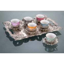 Colorful Tulip Design Silver Color Coffee Set with Tray