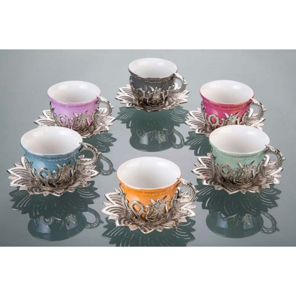 Colorful Tulip Design Silver Color Cups For Six