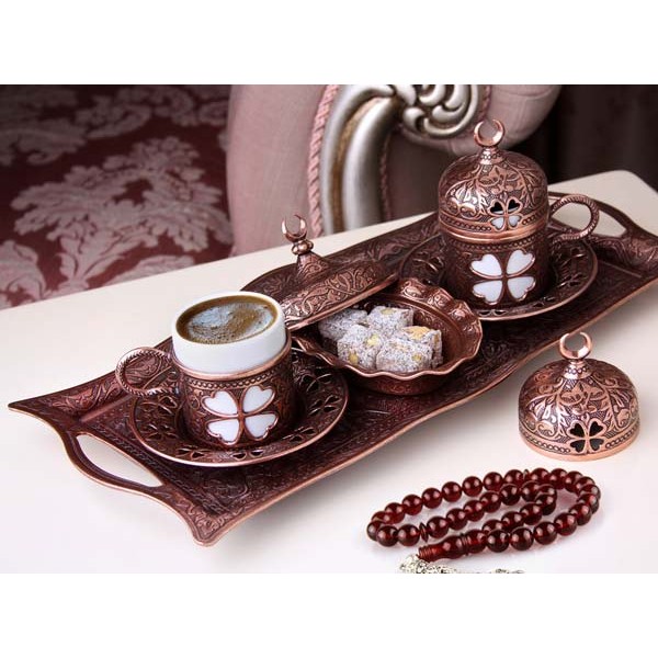 Copper  Turkish Coffee Set For Two Person Clover Design