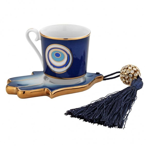 Evil Eye And Hamsa Hand Designed Porcelain Turkish Coffee Set For One Person