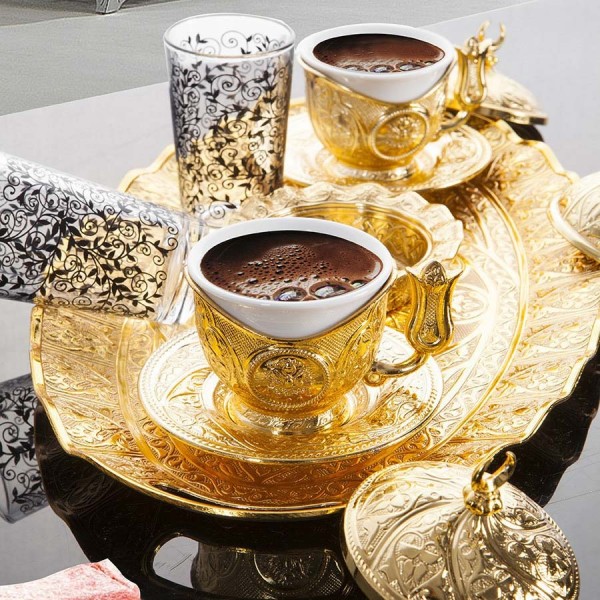 Gold Plated Turkish Coffee Set For Two Person With Glasses