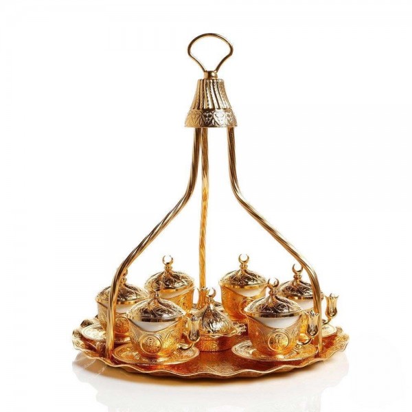 Golden Colour  Turkish  Coffee Set For Six People With High Tray