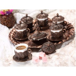 Rose Design Arabic Coffee Set For Six Person Copper Color