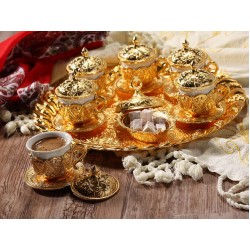 Rose Design Arabic Coffee Set For Six Person Gold Color