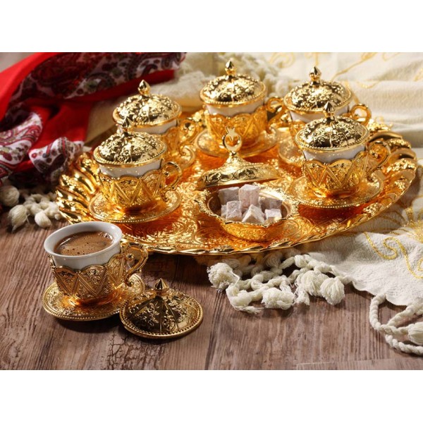 Rose Design Arabic Coffee Set For Six Person Gold Color