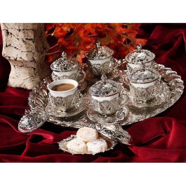 Rose Design Arabic Coffee Set For Six Person Silver Color