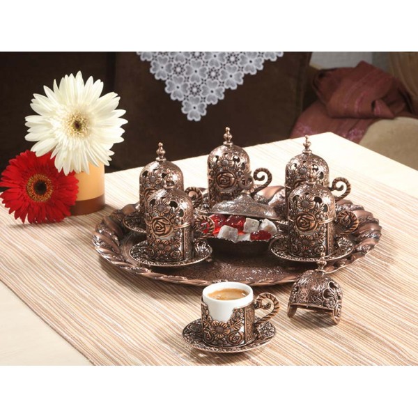 Rose Design Turkish Coffee Set For Six Person Copper Color