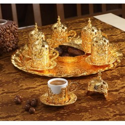 Rose Design Turkish Coffee Set For Six Person Gold Color