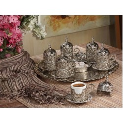 Rose Design Turkish Coffee Set For Six Person Silver Color
