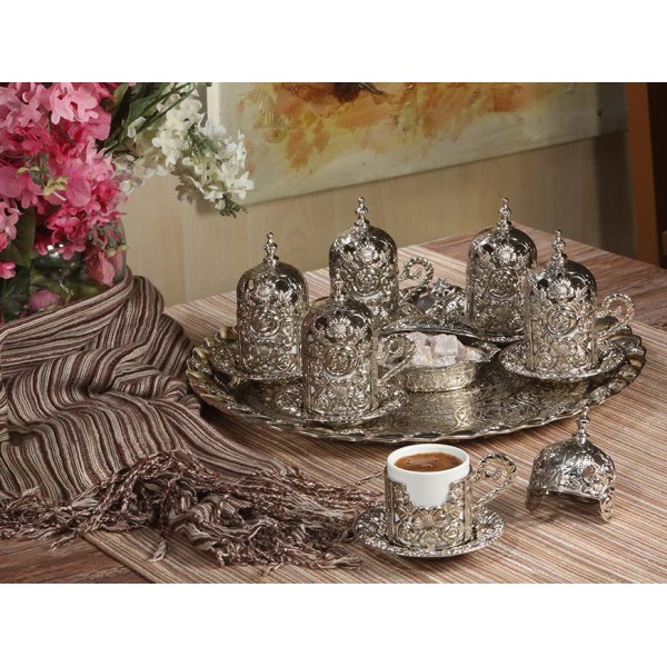 Rose Design Turkish Coffee Set For Six Person Silver Color