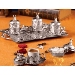 Silver Turkish Coffee Set For Four Person Tulip Design