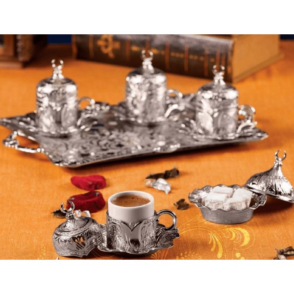 Silver Turkish Coffee Set For Four Person Tulip Design