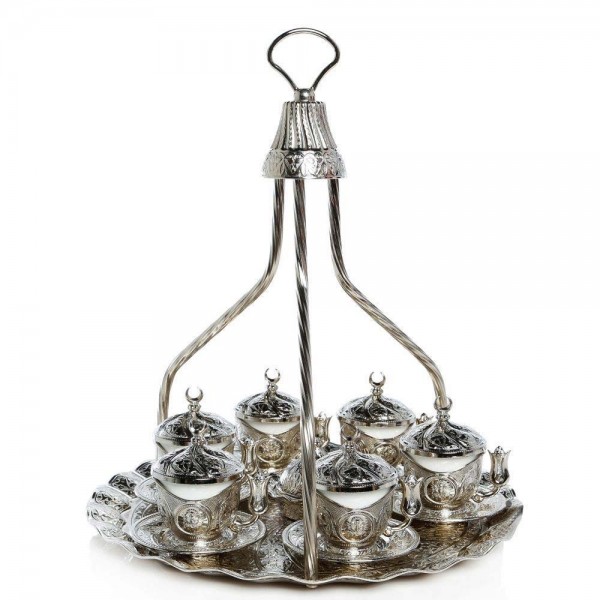 Silver Turkish  Coffee Set For Six People With High Tray