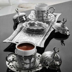 Silver Turkish Coffee Set For Two Person Clover Design