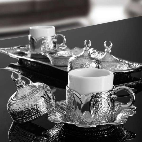 Silver Turkish Coffee Set For Two Person Tulip Design