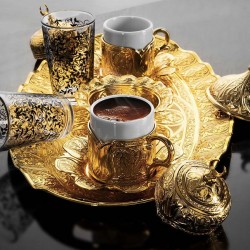 Turkish Coffee Set For Two Person With Glasses Golden
