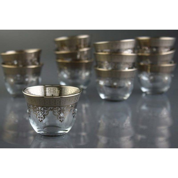 White Gold Plated Glass Arabic Coffee-Mirra Cups For Six Person