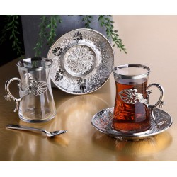 Safa Turkish Tea Cups And Saucers Set Silver Color Flower Design