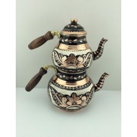 Hand Painted Colorful Copper Turkish Tea Pot Circular Kettle With Wood Handle