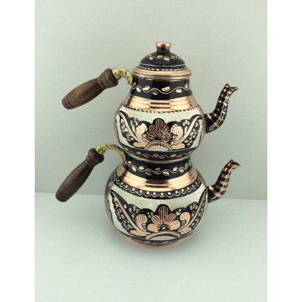 Hand Painted Colorful Copper Turkish Tea Pot Circular Kettle With Wood Handle