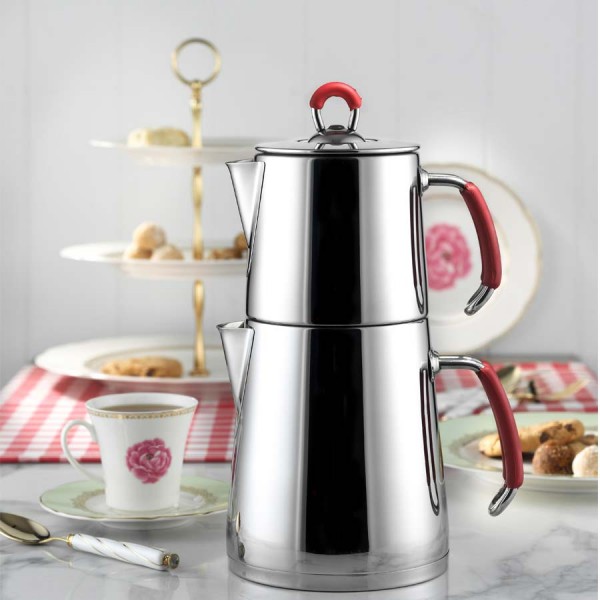 Modern Style Red Stainless Steel Turkish Double Tea Pot
