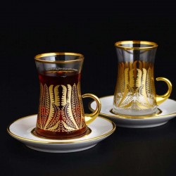 12 Pcs Demre Gold Turkish Tea Set With Porcelain Saucers