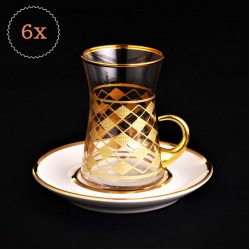 12 Pcs Gold Color Checked Design Turkish Tea Set With Holder