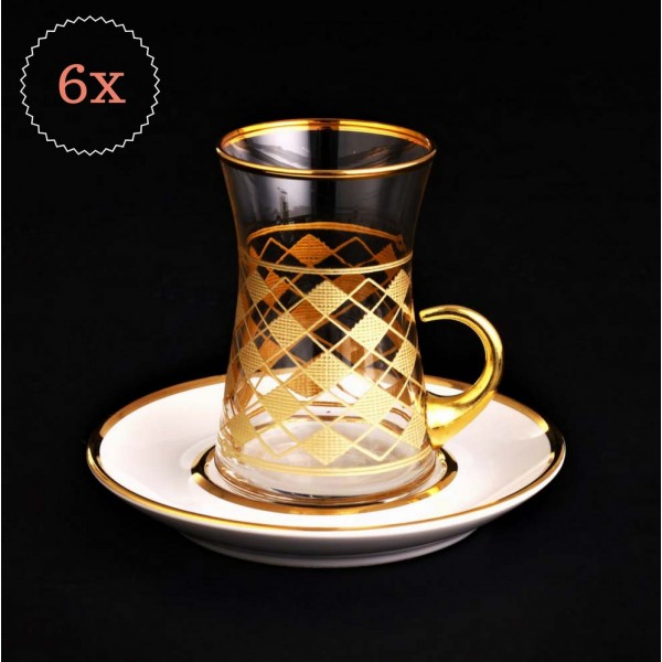 12 Pcs Gold Color Checked Design Turkish Tea Set With Holder