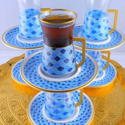 12 Pcs Jedar Blue Turkish Tea Set With Holder