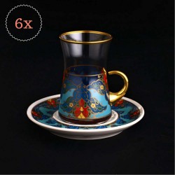 12 Pcs Sultan Blue Turkish Tea Set With Porcelain Saucers