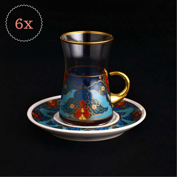 12 Pcs Sultan Blue Turkish Tea Set With Porcelain Saucers