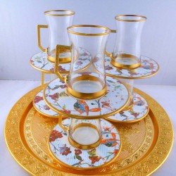 12 Pcs Thin Waist Bird Pattern Turkish Tea Set With Holder