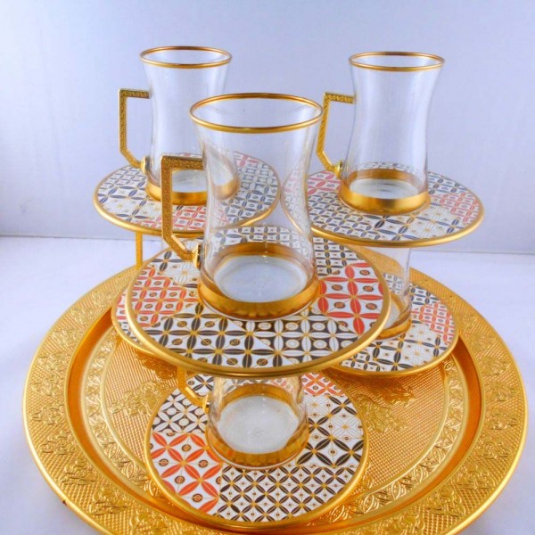12 Pcs Thin Waist Ethnic Turkish Tea Set With Holder