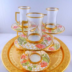 12 Pcs Thin Waist Floral Turkish Tea Set With Holder