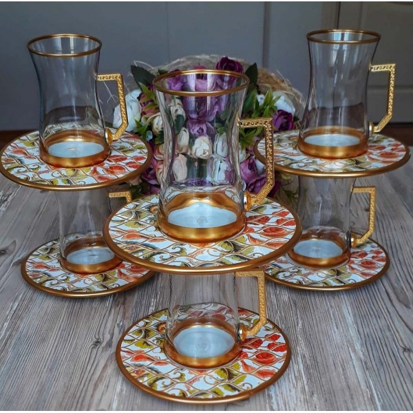 12 Pcs Thin Waist Forest Turkish Tea Set With Holder
