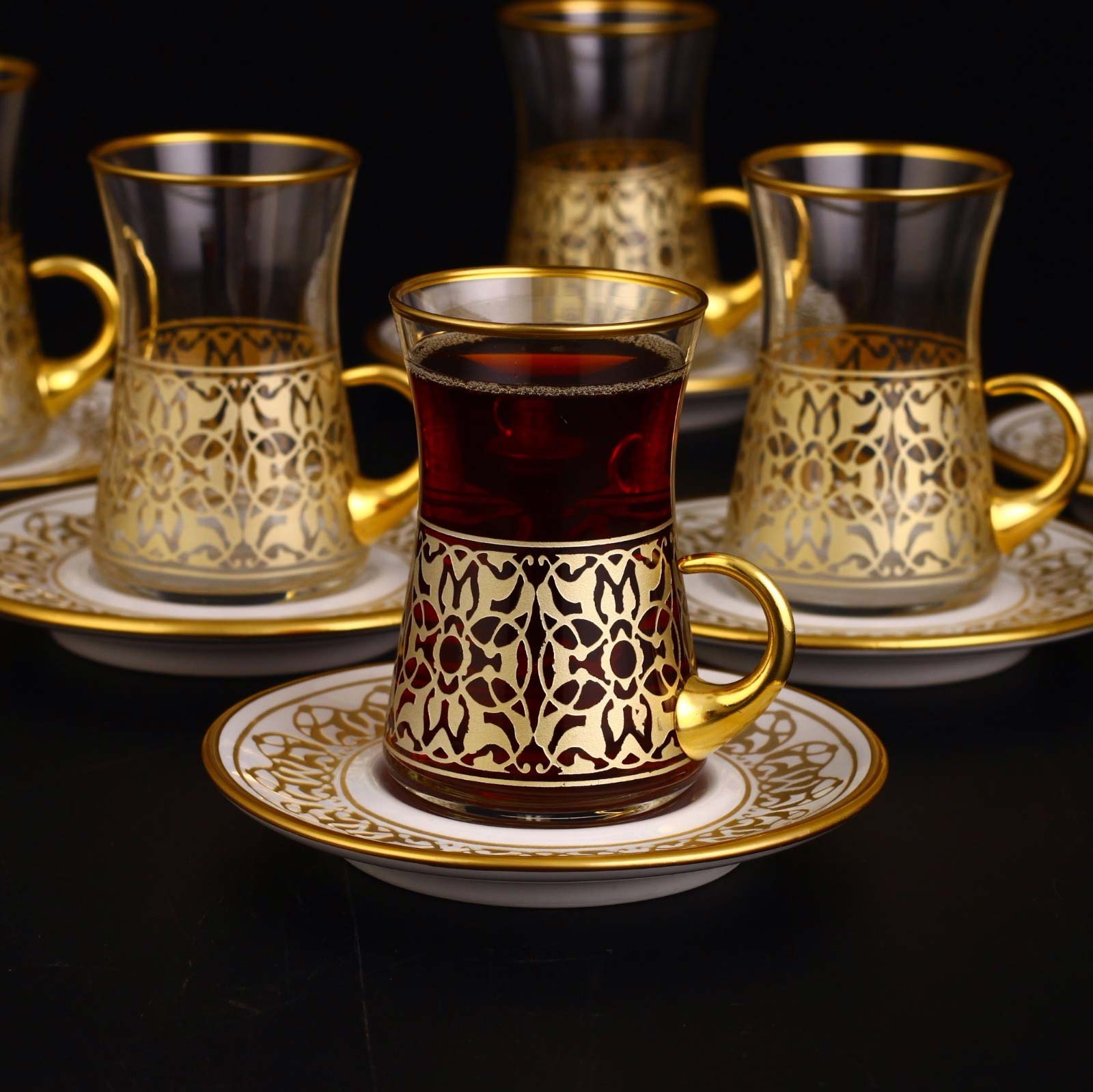 12 Pcs Turkish Tea Set With Holder Gold Color KocGifts
